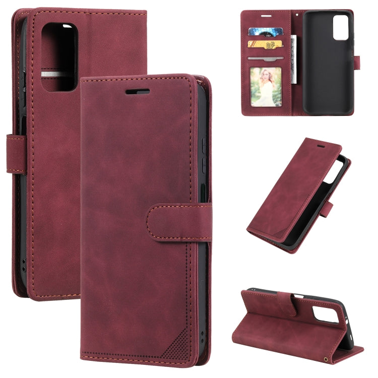 Burgundy leather wallet phone case with card slots and anti-theft strap, front and angled view