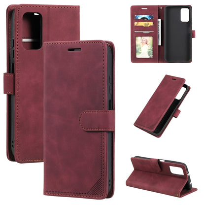 Burgundy leather wallet phone case with card slots and anti-theft strap, front and angled view