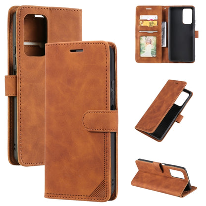 Brown leather wallet phone case with card slots and anti-theft strap, front view