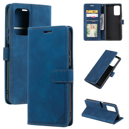 Blue leather wallet phone case with card slots and anti-theft strap, front and stand view
