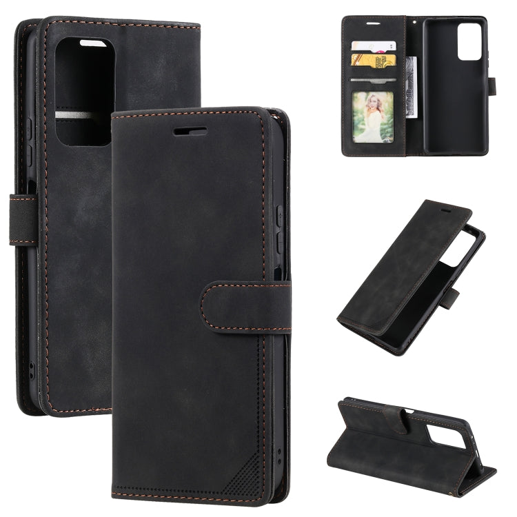 Black leather wallet phone case with card slot and fold-out stand