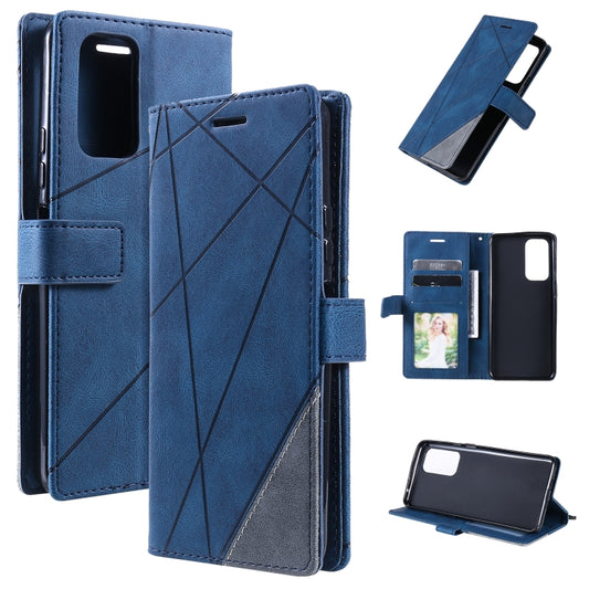 Blue leather-look phone case with geometric panel, front flap, and side strap