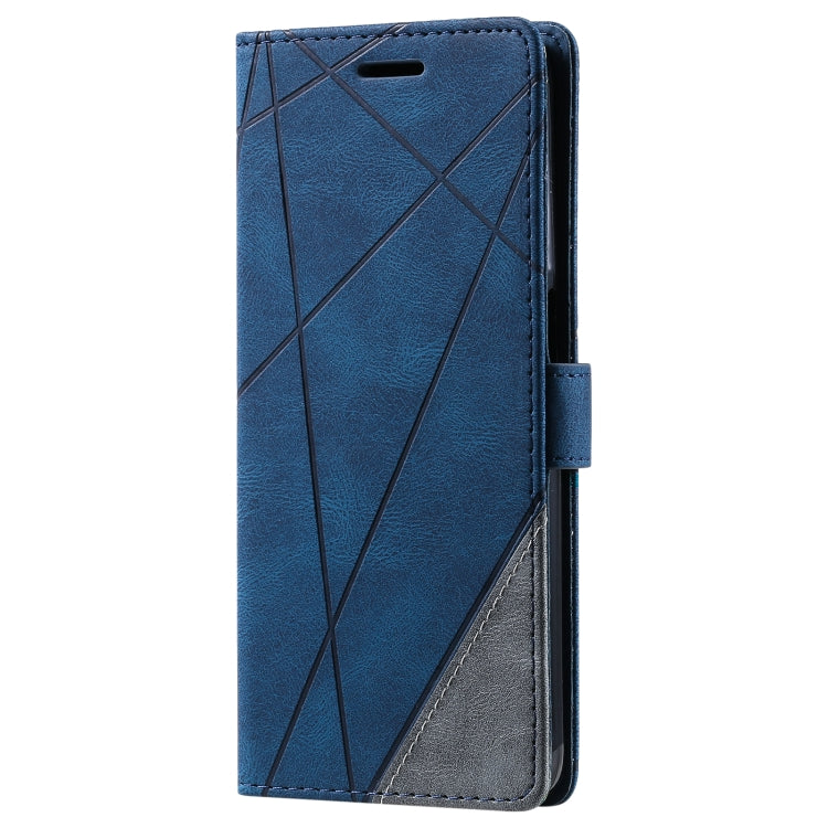 Blue leather phone case, vertical view, cross-hatched decorative panel