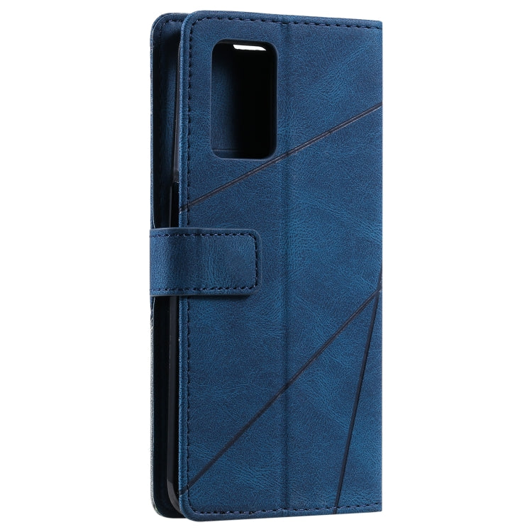 Blue leather phone case with camera cutout and cross-panel stitching