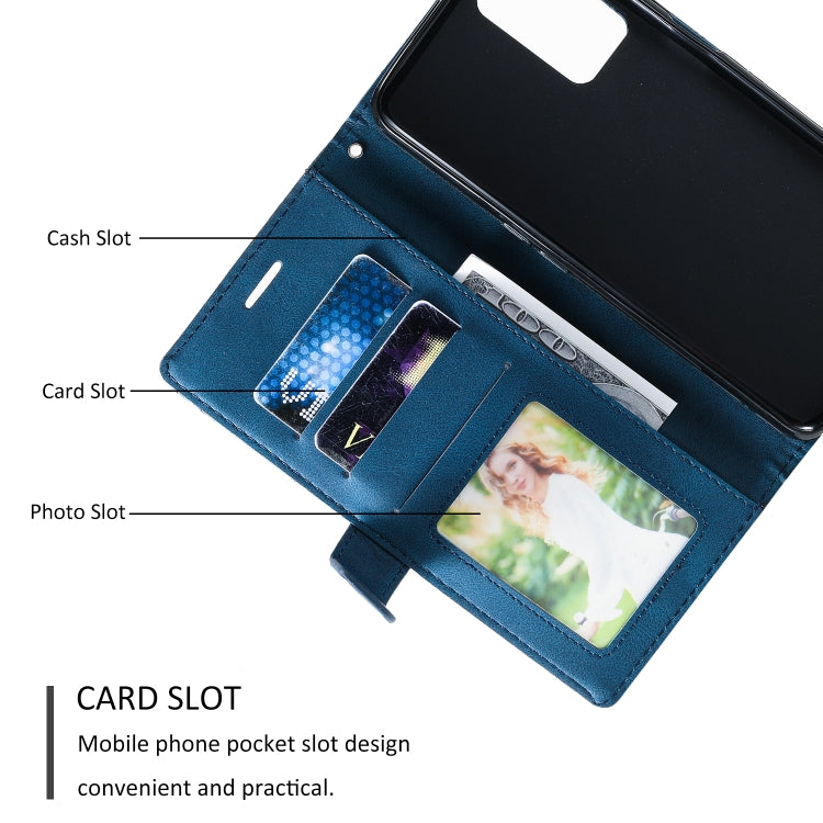 Blue leather phone case with cash, card, and photo slots