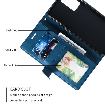 Blue leather phone case with cash, card, and photo slots