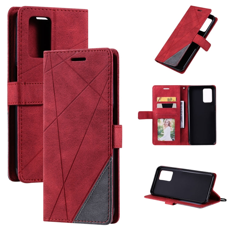 Red leather phone case with diagonal pattern, card slots, and kickstand support