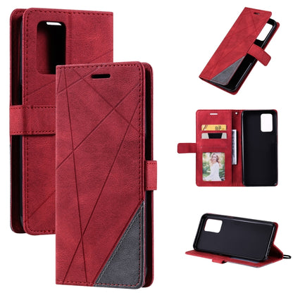Red leather phone case with diagonal pattern, card slots, and kickstand support