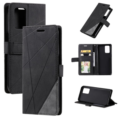 Black leather phone case with diagonal pattern, card slots, and kickstand support
