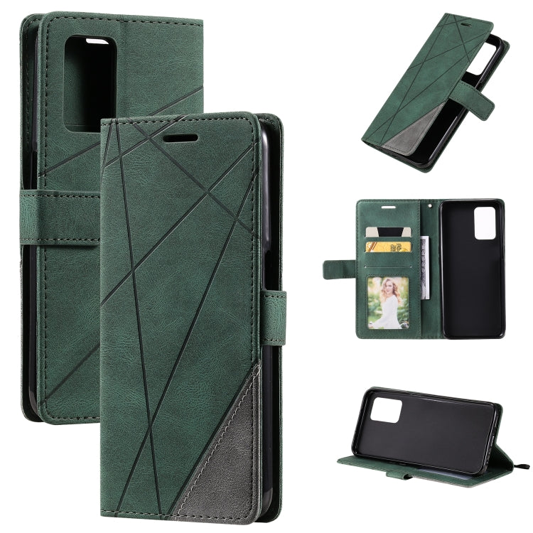 Green leather wallet phone case with cross-stitch design, card slot, and kickstand