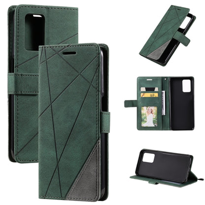 Green leather wallet phone case with cross-stitch design, card slot, and kickstand