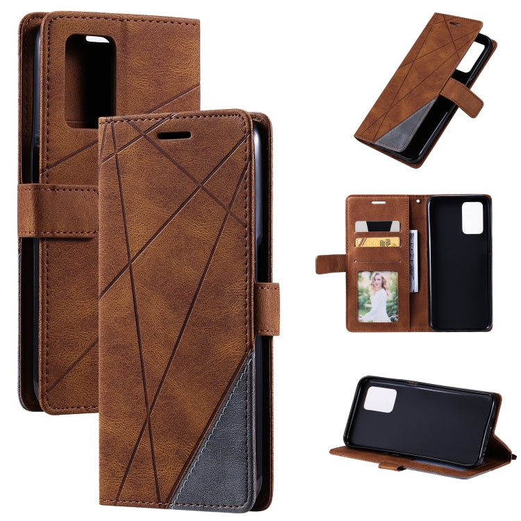 Brown leather wallet phone case with cross-stitch design, card slot, and kickstand