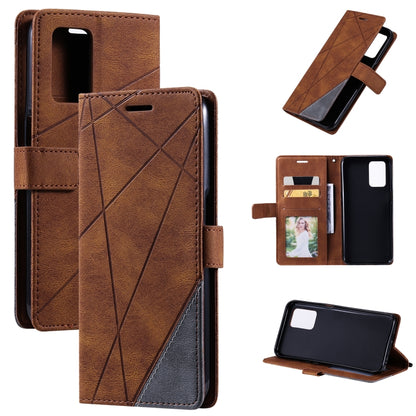Brown leather wallet phone case with cross-stitch design, card slot, and kickstand