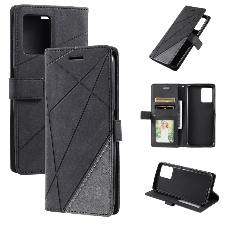 Dark gray leather phone case with diagonal pattern, card slots, and kickstand support