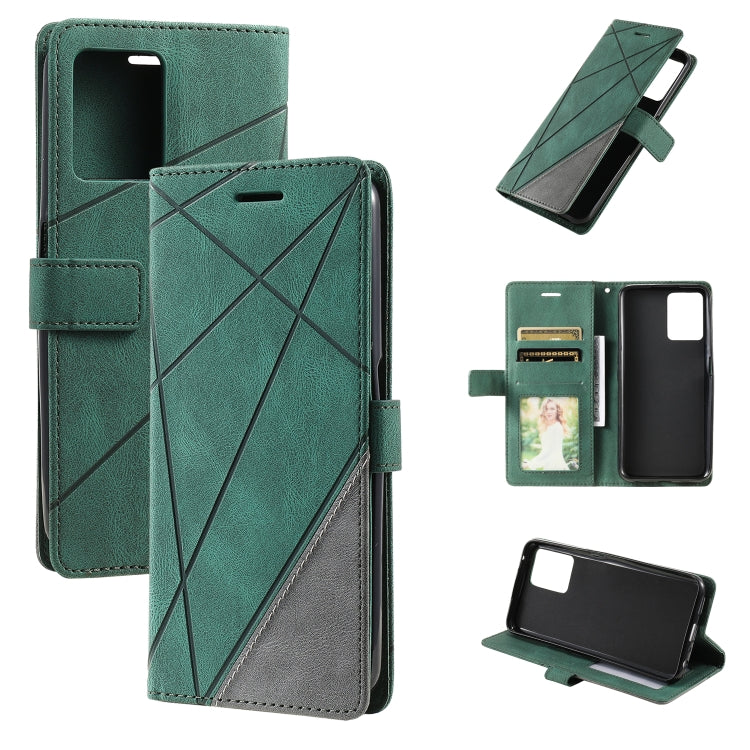 Green leather wallet phone case with cross-stitch lines, card slot, and stand cover