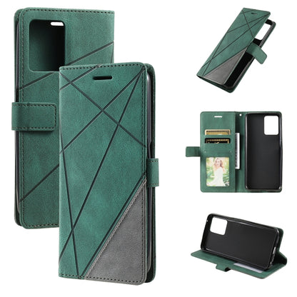 Green leather wallet phone case with cross-stitch lines, card slot, and stand cover