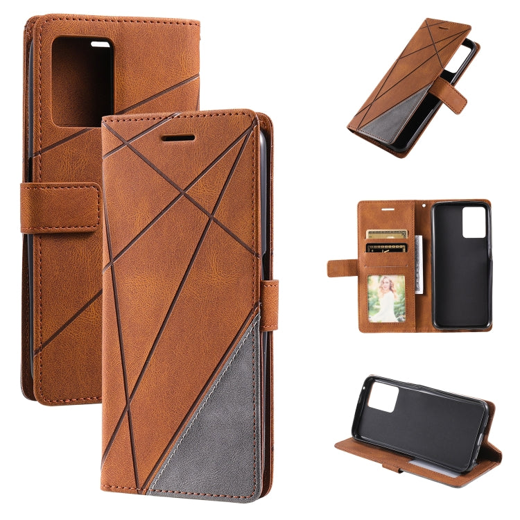 Brown leather wallet phone case with cross-stitch lines, card slot, and stand function