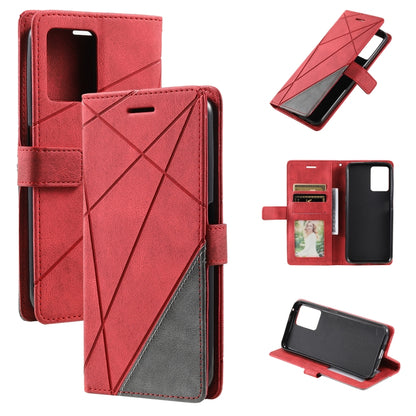 Red leather phone case with diagonal pattern, card slots, and kickstand support