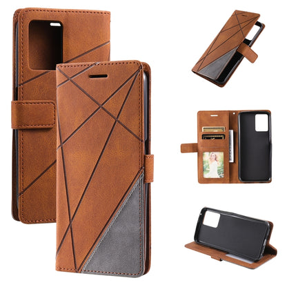 Brown leather wallet phone case with cross-stitch design and card holder with kickstand