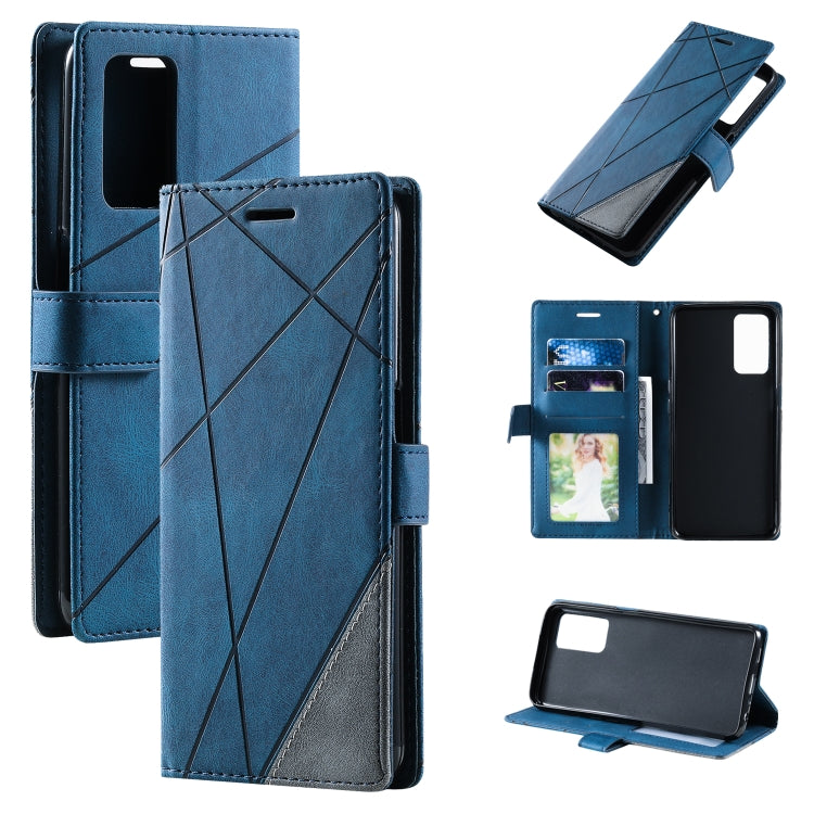 Blue leather phone case with diagonal pattern, card slots, and kickstand support