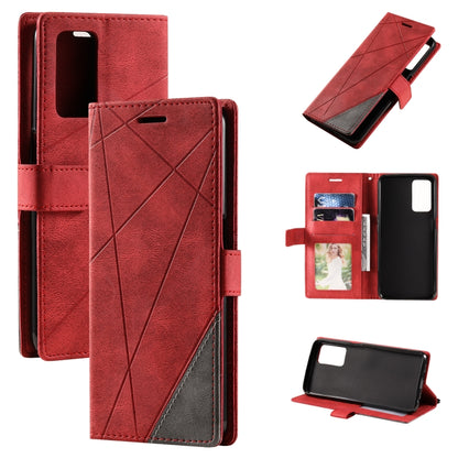 Red leather phone case with diagonal panel stitching, card slots, and kickstand