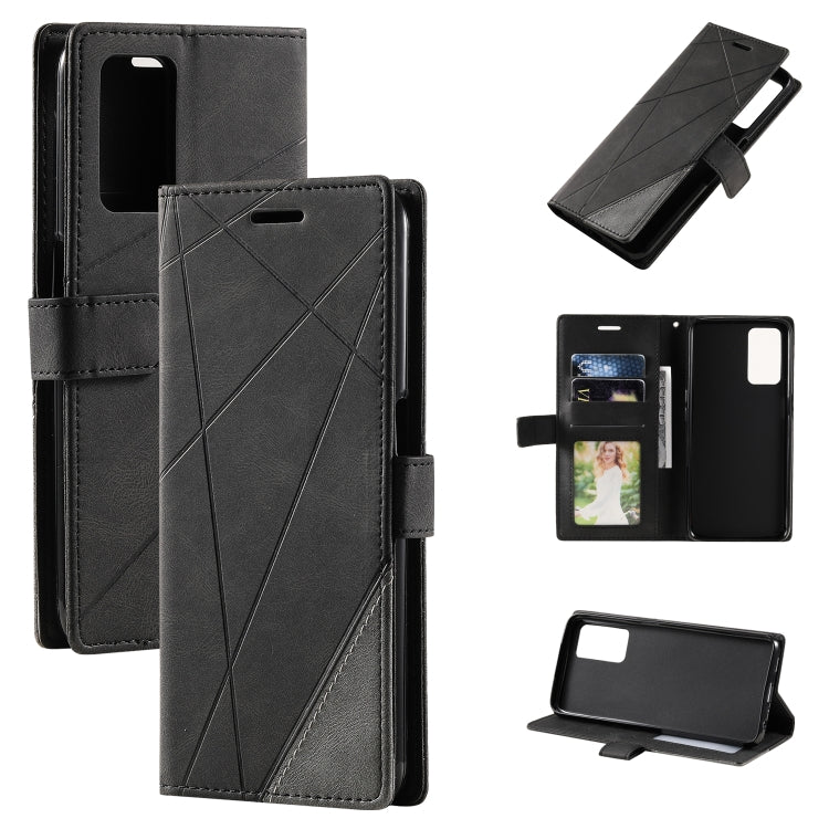 Black leather wallet phone case with cross-stitch design, card slot, and kickstand