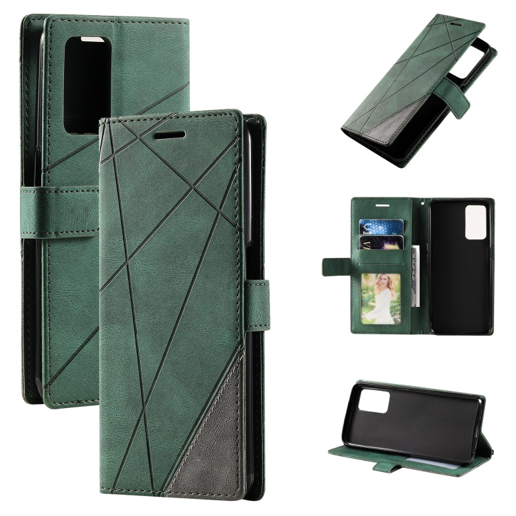 Green leather wallet phone case with cross-stitch design, card slot, and viewing stand