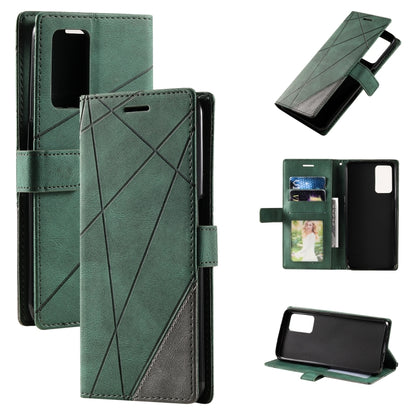 Green leather wallet phone case with cross-stitch design, card slot, and viewing stand