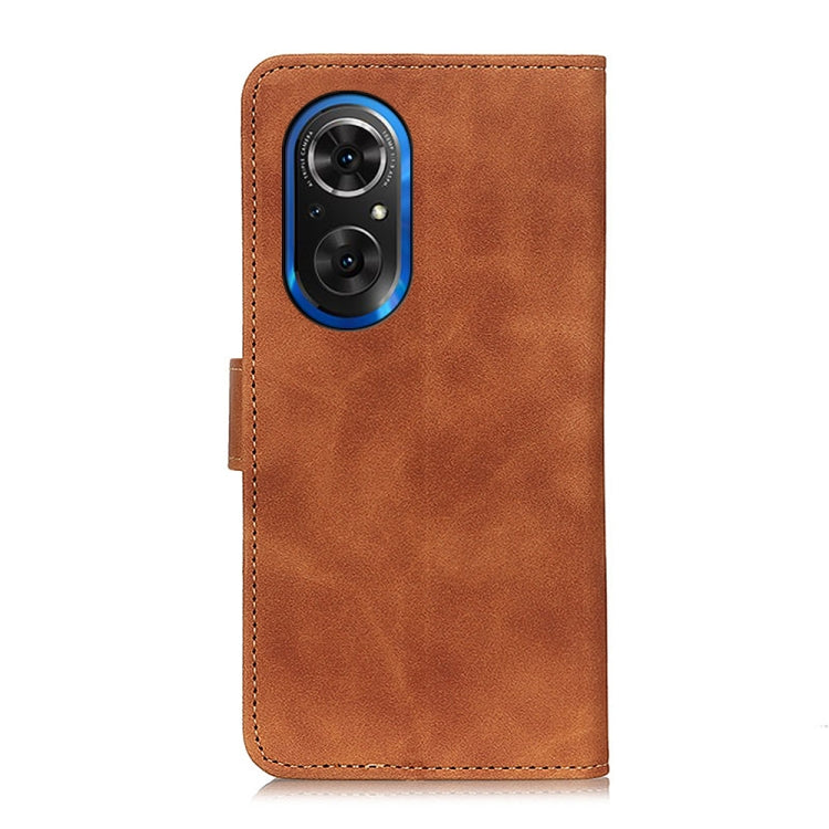 KHAZNEH retro texture flip leather phone case, brown, with camera cutout and side strap.