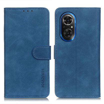 KHAZNEH retro texture flip leather phone case, blue, with front strap and camera cutout.
