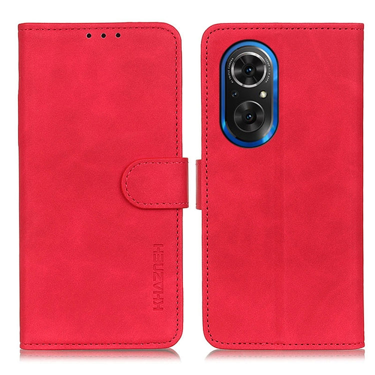 KHAZNEH retro texture flip leather phone case, red, with front strap and camera cutout.