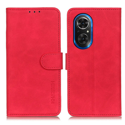 KHAZNEH retro texture flip leather phone case, red, with front strap and camera cutout.