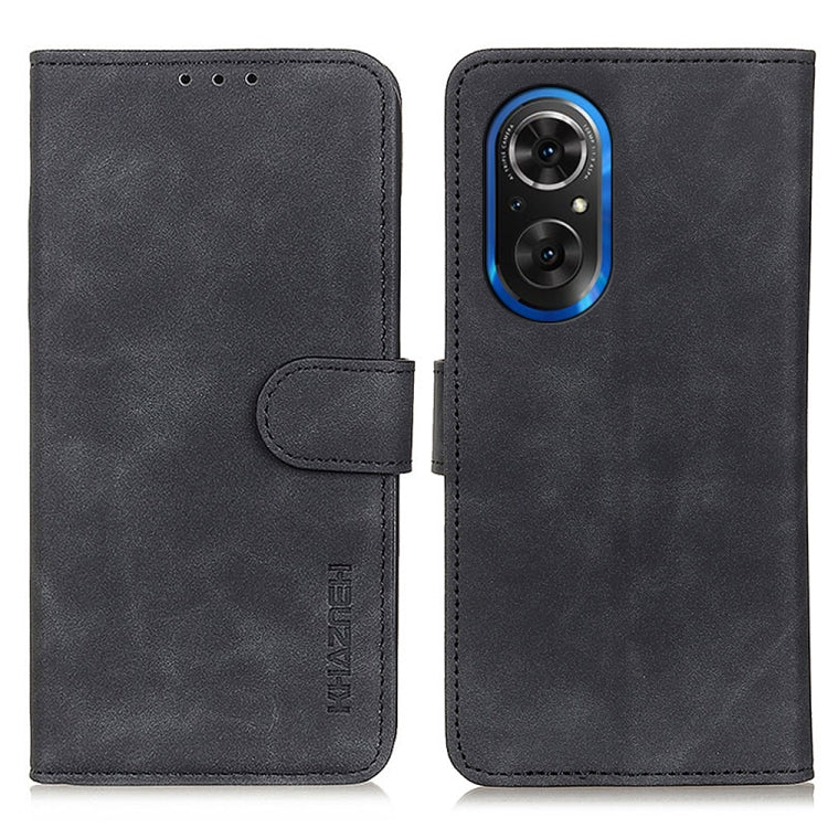 KHAZNEH retro texture flip leather phone case, black, with front strap and camera cutout.