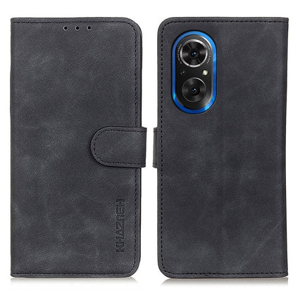 KHAZNEH retro texture flip leather phone case, black, with front strap and camera cutout.