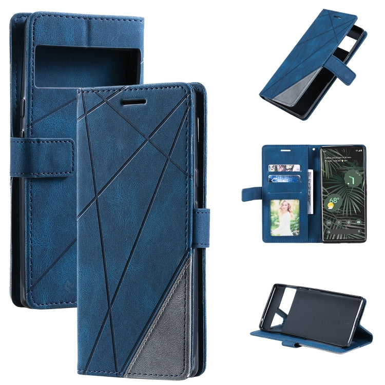 Blue leather folio phone case with geometric stitching, card slots, and magnetic strap