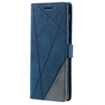Blue leather folio phone case with diagonal geometric pattern and side magnetic closure