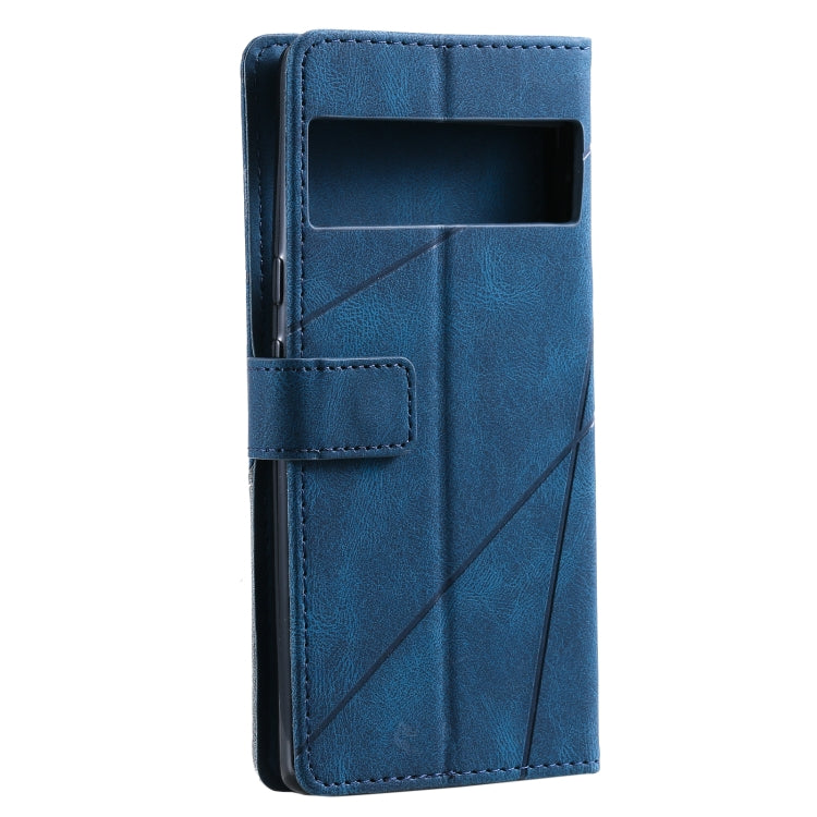 Blue leather wallet phone case with cutout window and diagonal geometric stitching