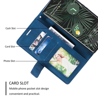 Blue leather folio phone case with card slots and photo slot pocket on front flap