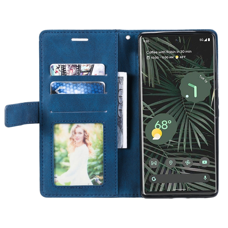 Blue leather flip phone case with card slots and cash pocket, front and open view