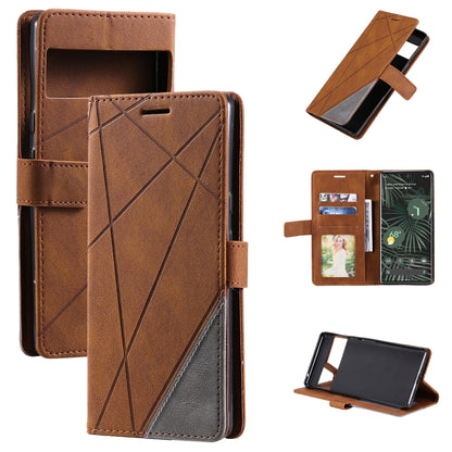 Brown leather folio phone case with geometric stitching, card slots, and stand view