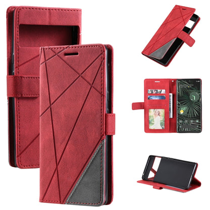Red leather folio phone case, geometric stitched panels, card slots