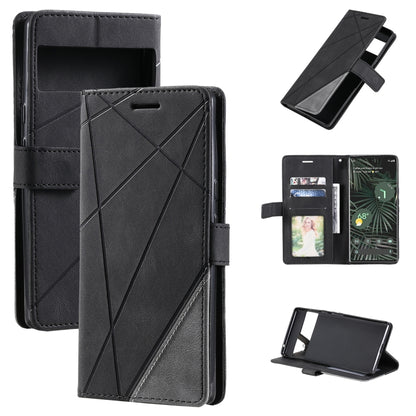 Black leather folio phone case, geometric stitched panels, card slots