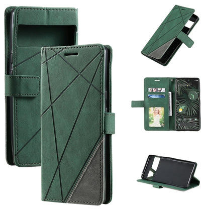 Green leather folio phone case, geometric stitched panels, card slots