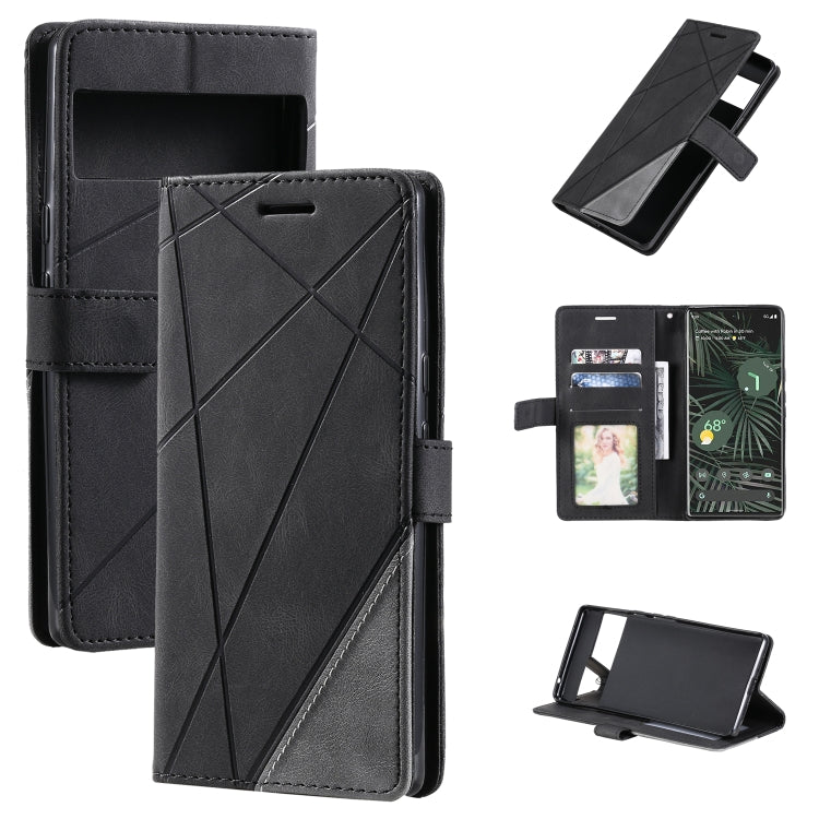 Black leather folio phone case with geometric stitched design and card slots
