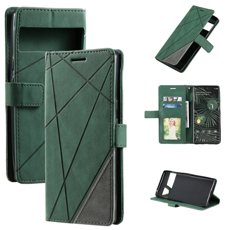 Green leather folio phone case with geometric stitched design and card slots