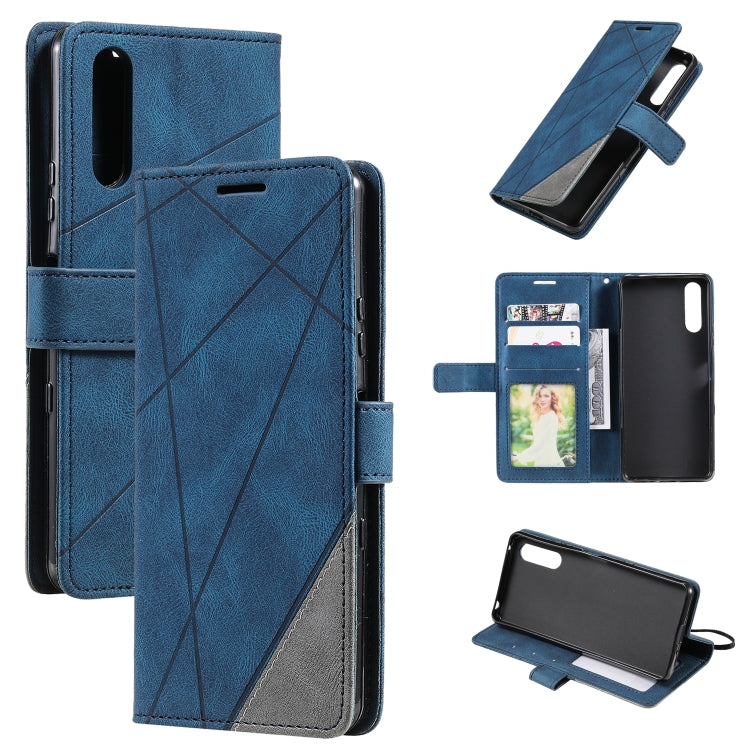 Blue leather wallet phone case with geometric stitching, card slots, and kickstand