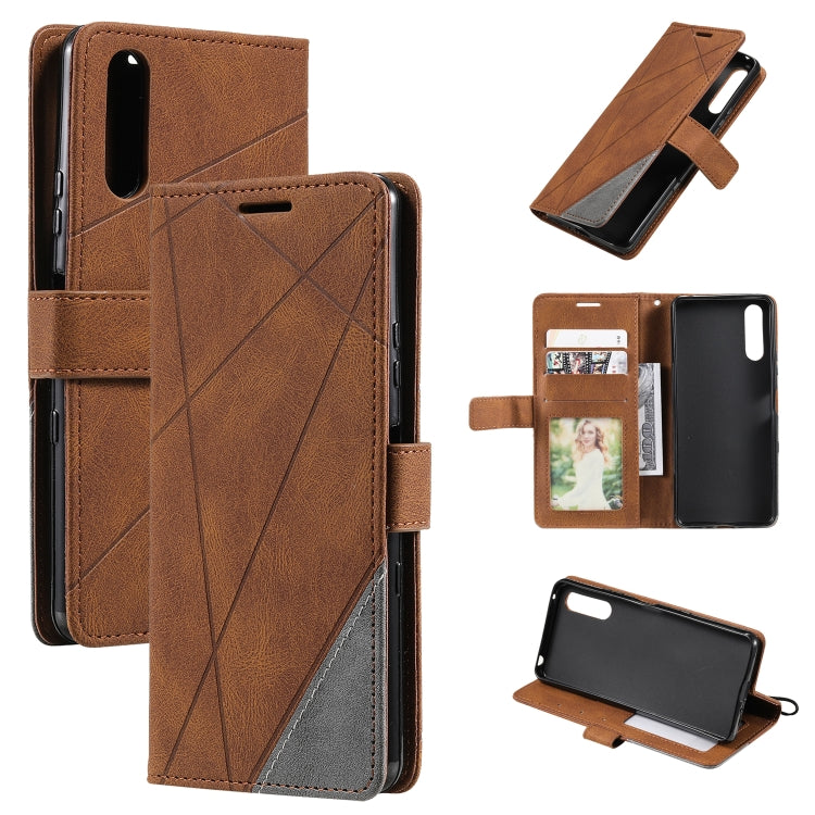 Brown leather folio phone case with geometric stitched front and card slots