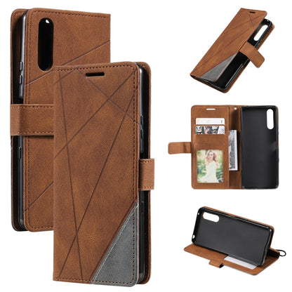 Brown leather folio phone case with geometric stitched front and card slots