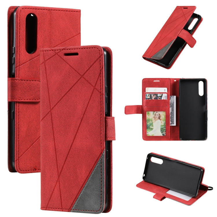 Red leather folio phone case with geometric stitched front and card slots