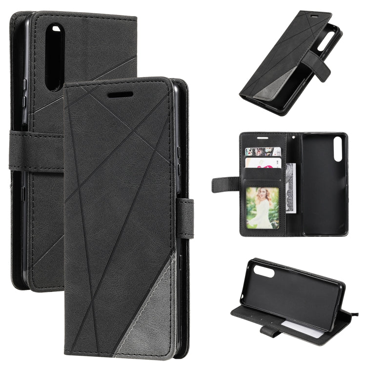 Black leather folio phone case, geometric stitched front, card slots